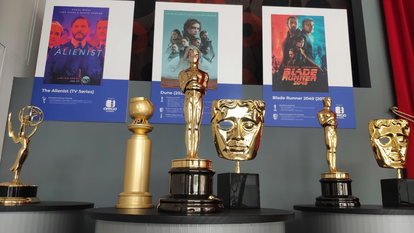 ORIGO Studios awards display with Oscar, BAFTA, Emmy and Golden Globe trophies