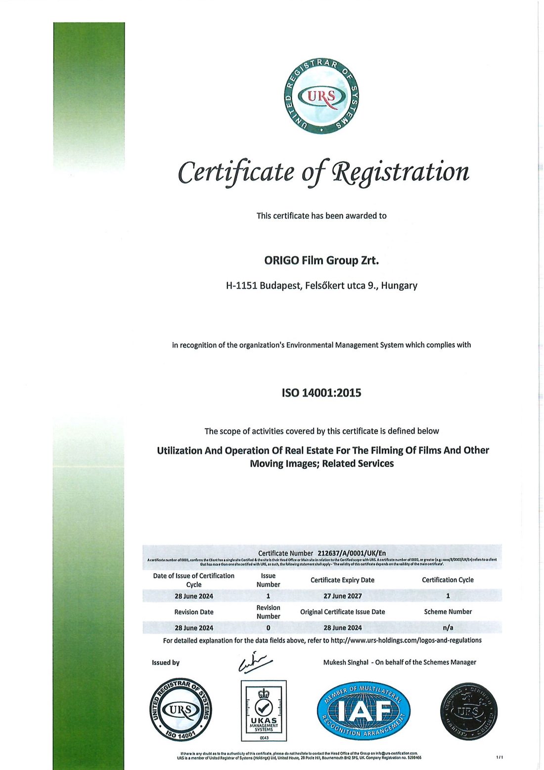 ORIGO Film Group ISO 14001:2015 Environmental Management System certificate