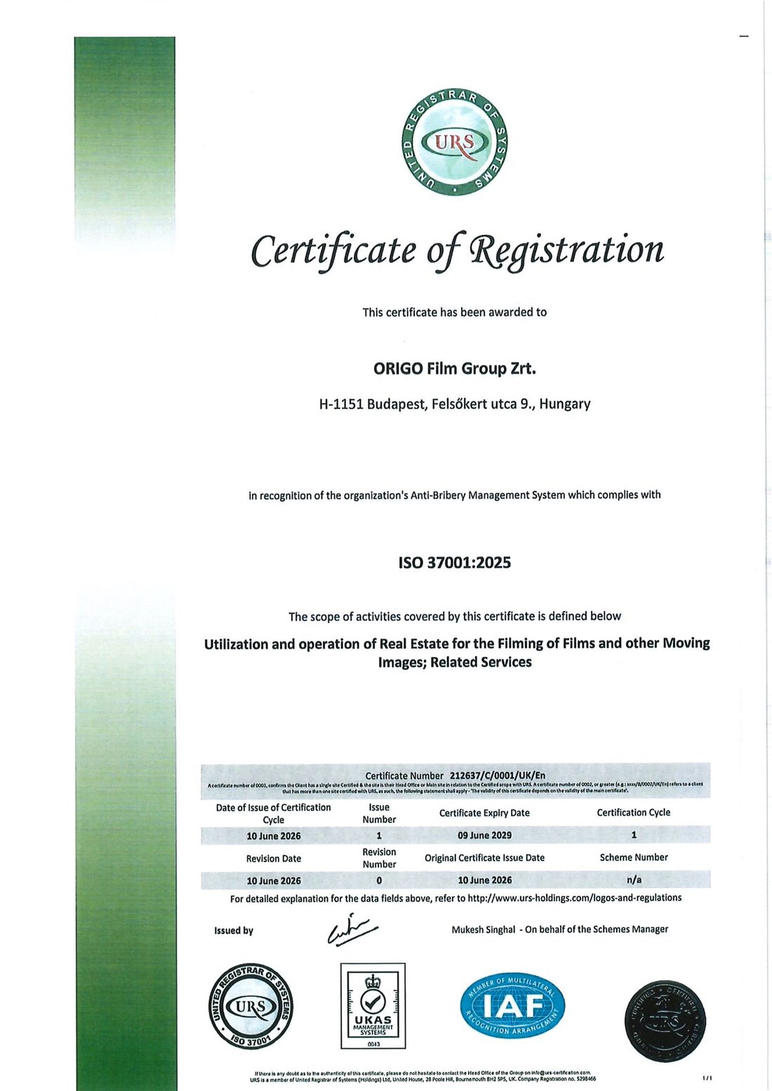ORIGO Film Group ISO 37001:2025 Anti-Bribery Management System certificate