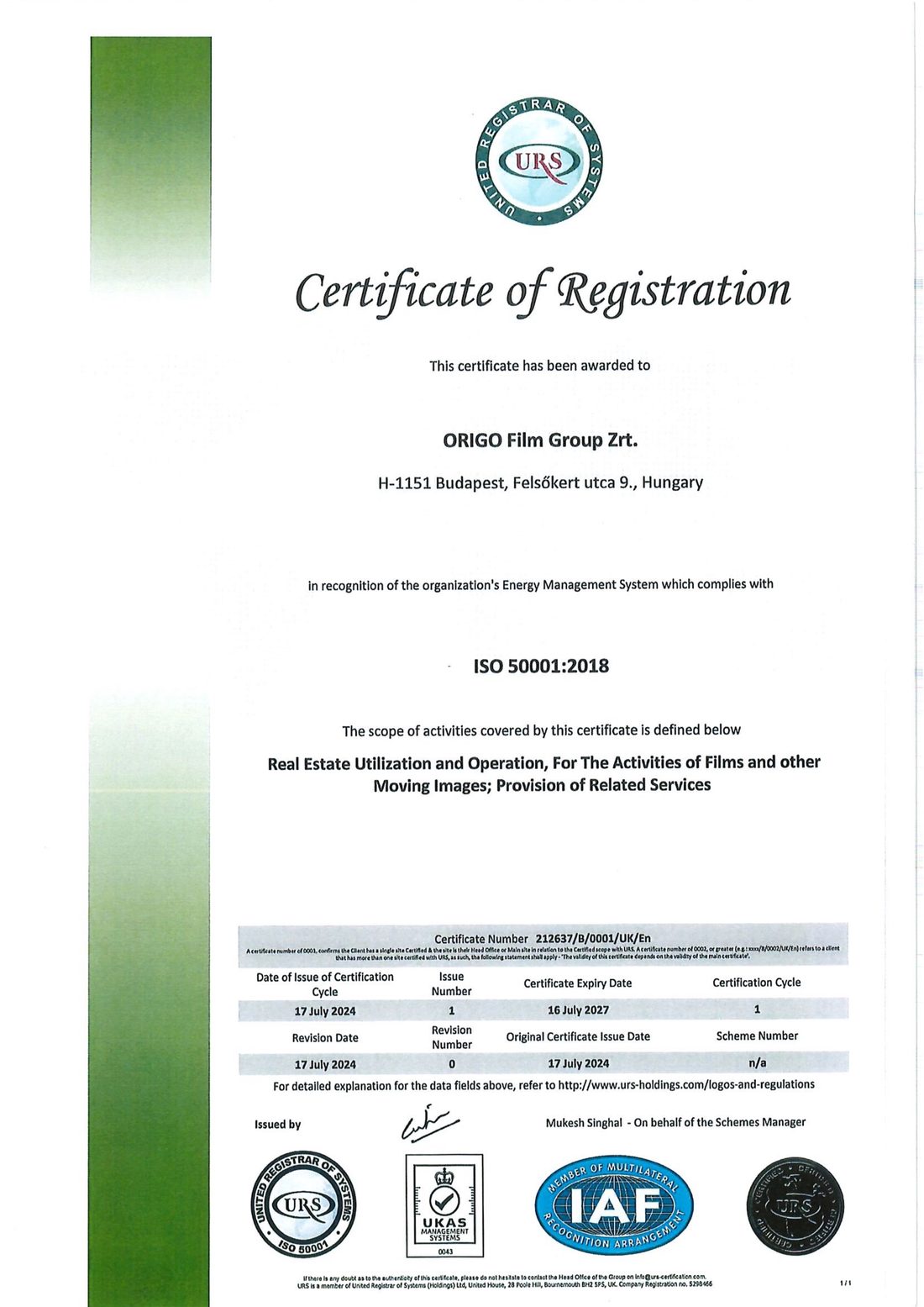 ORIGO Film Group ISO 50001:2018 Energy Management System certificate